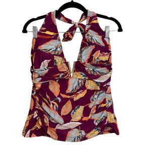 Jaclyn Smith Bikini Top Girls Youth 16 Burgundy Leaf Print Deep V Halter Beach